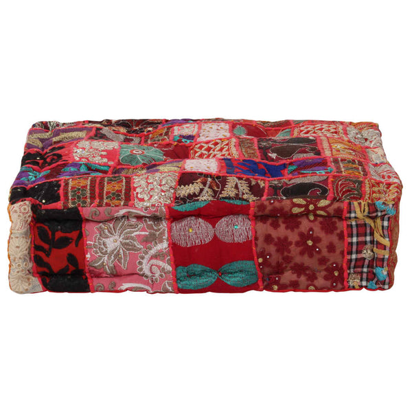 Patchwork Pouffe Square Cotton Handmade 50X50x12 Cm Red