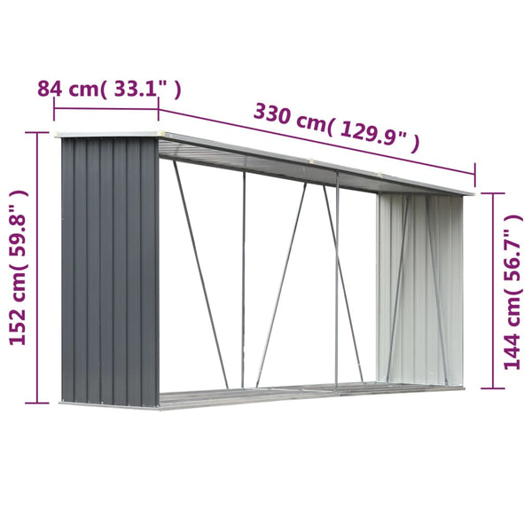 Sheds Summerhouses Carports Garden Log Storage Shed Galvanised Steel 330X84x152 Cm Grey