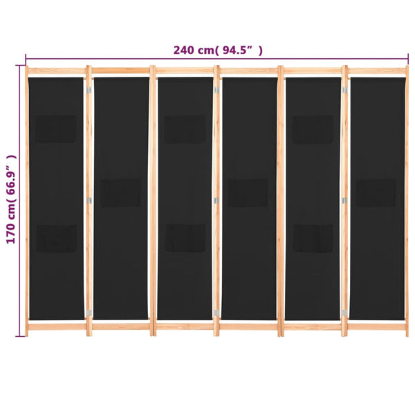 Screens & Room Dividers 6 Panel Room Divider Black 240X170x4 Cm Fabric