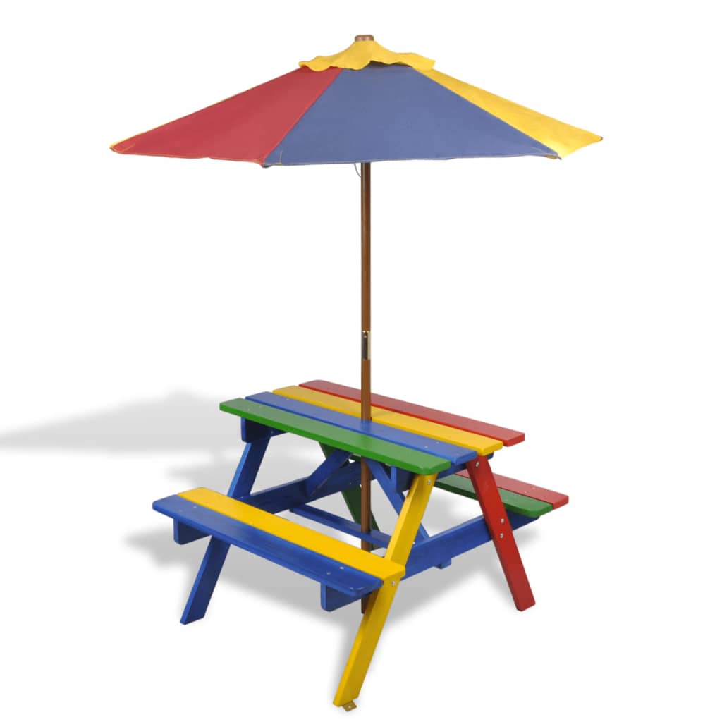 Patio Benches Kids' Picnic Table With Benches And Parasol Multicolour Wood