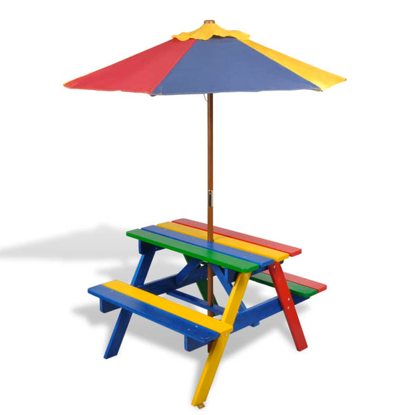 Patio Benches Kids' Picnic Table With Benches And Parasol Multicolour Wood