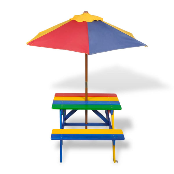 Patio Benches Kids' Picnic Table With Benches And Parasol Multicolour Wood