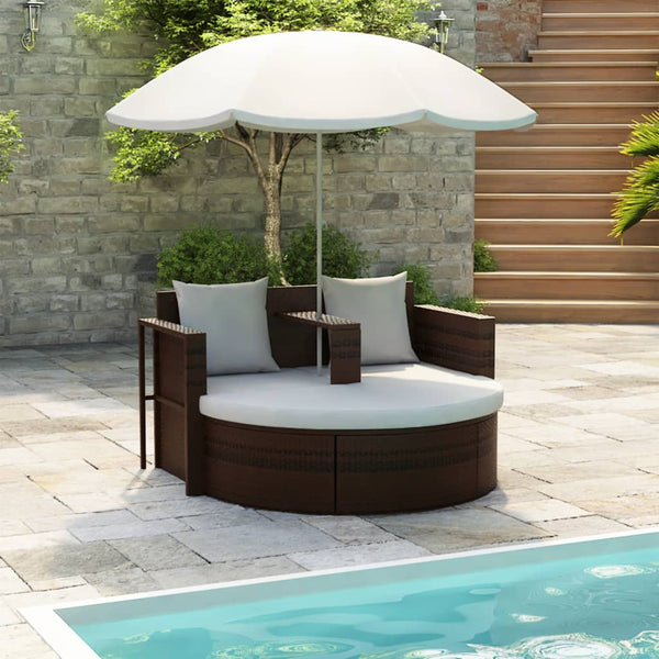 Garden Bed With Parasol Brown Poly Rattan