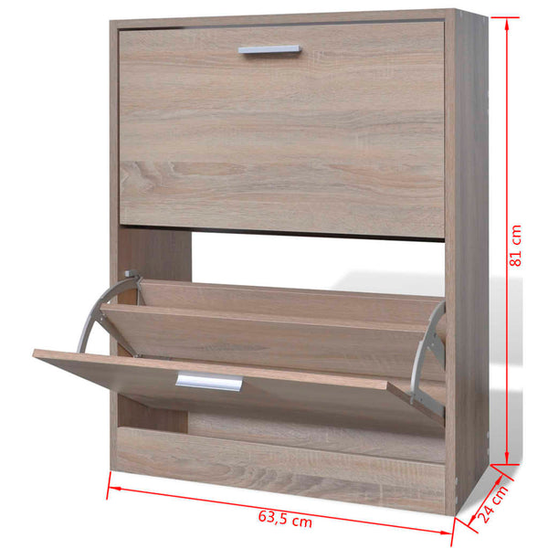 Oak Look Wooden Shoe Cabinet With 2 Compartments