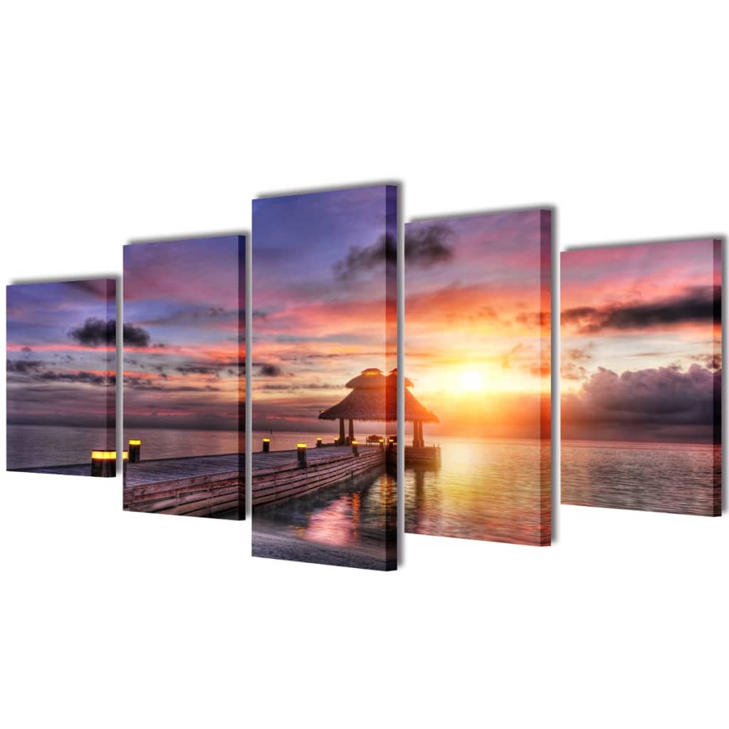 Posters & Prints Canvas Wall Print Set Beach With Pavilion 200 X 100 Cm