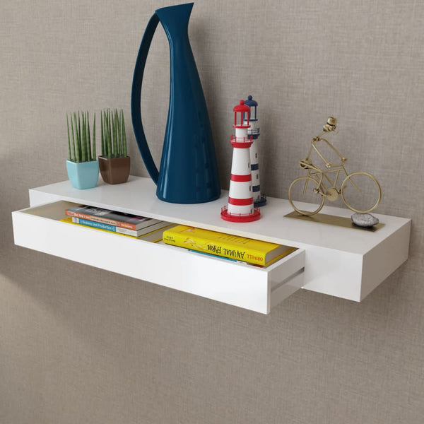 Wall Shelves White Mdf Floating Wall Display Shelf 1 Drawer Book/Dvd Storage