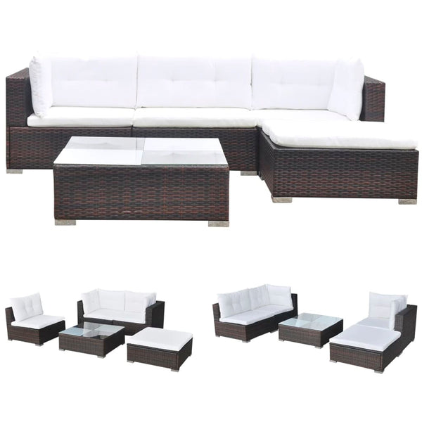 5 Piece Garden Lounge Set With Cushions Poly Rattan Brown