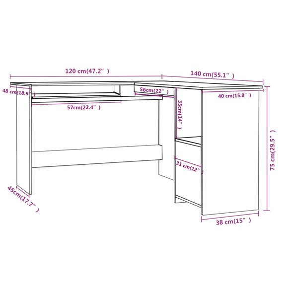 Home Office Desks L Shaped Corner Desk White 120X140x75 Cm Engineered Wood