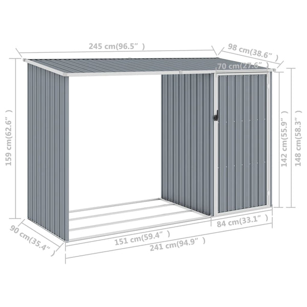 Sheds Summerhouses Carports Garden Firewood Shed Grey 245X98x159 Cm Galvanised Steel