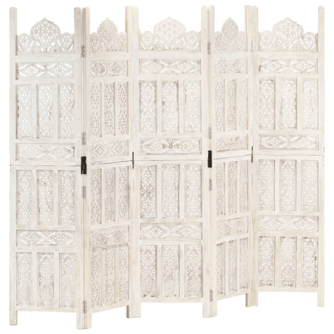 Screens & Room Dividers Hand Carved 5 Panel Room Divider White 200X165 Cm Solid Mango Wood