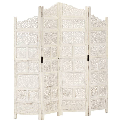 Screens & Room Dividers Hand Carved 4 Panel Room Divider White 160X165 Cm Solid Mango Wood