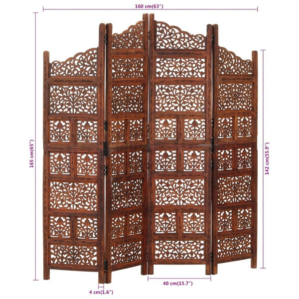 Hand Carved 4-Panel Room Divider Brown 160X165 Cm Solid Mango Wood