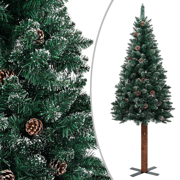 Seasonal Decorations Slim Christmas Tree With Real Wood And White Snow Green 180 Cm