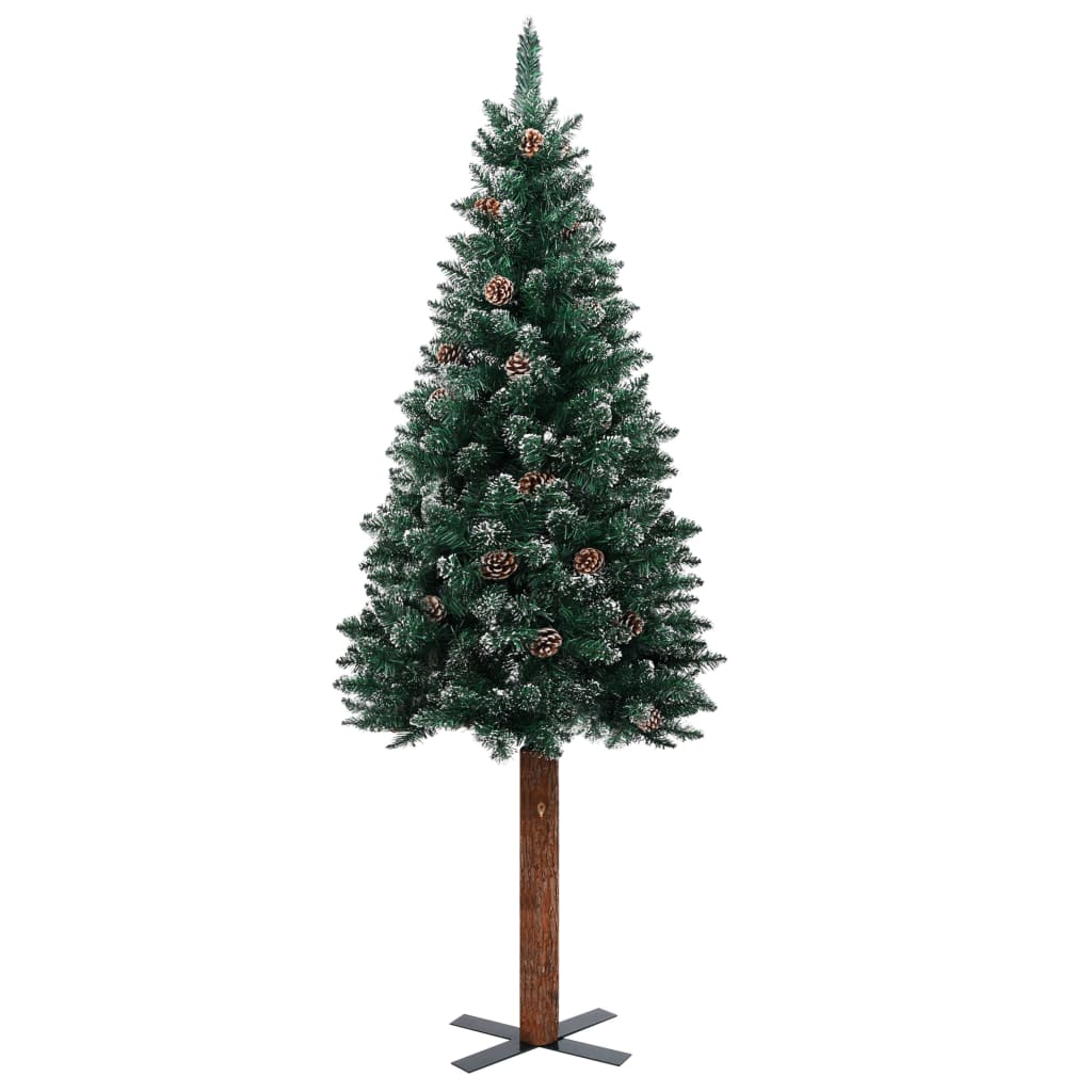 Seasonal Decorations Slim Christmas Tree With Real Wood And White Snow Green 180 Cm