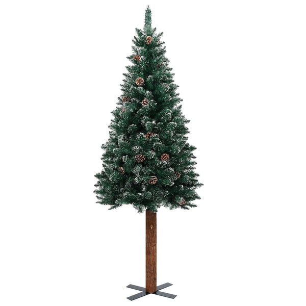 Seasonal Decorations Slim Christmas Tree With Real Wood And White Snow Green 180 Cm