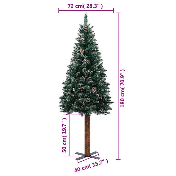 Seasonal Decorations Slim Christmas Tree With Real Wood And White Snow Green 180 Cm