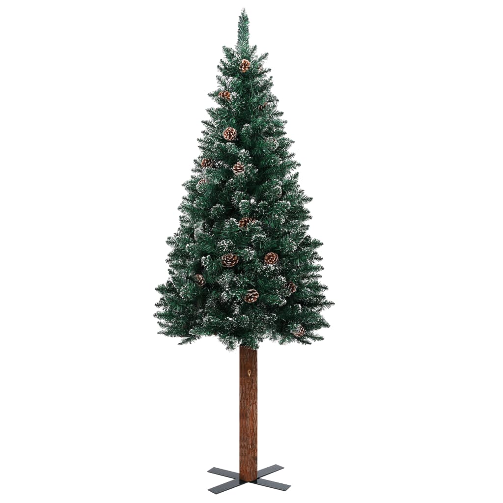 Seasonal Decorations Slim Christmas Tree With Real Wood And White Snow Green 210 Cm