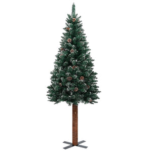 Seasonal Decorations Slim Christmas Tree With Real Wood And White Snow Green 210 Cm