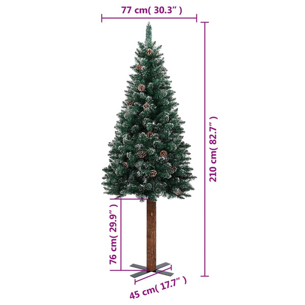 Seasonal Decorations Slim Christmas Tree With Real Wood And White Snow Green 210 Cm