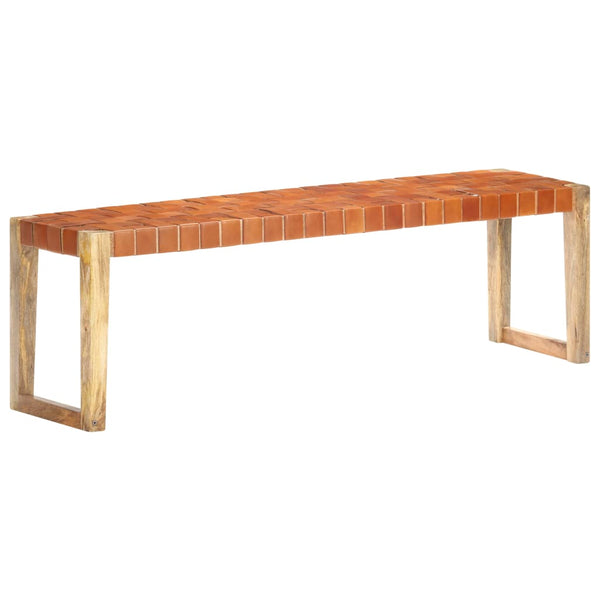 Benches Bench 150 Cm Brown Real Leather And Solid Mango Wood