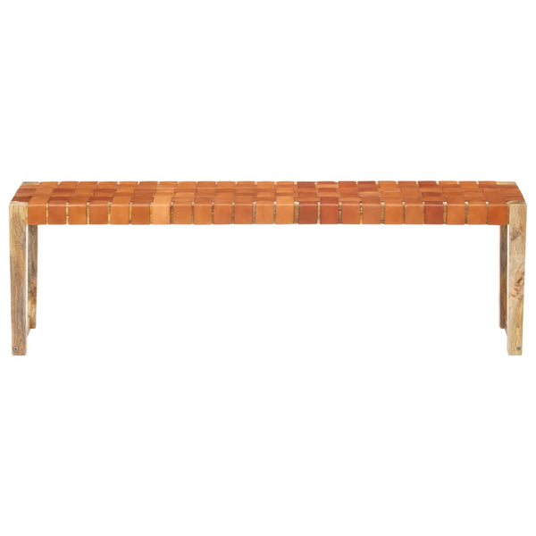 Benches Bench 150 Cm Brown Real Leather And Solid Mango Wood