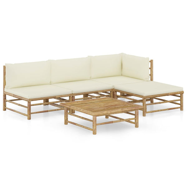 Patio Furniture Sets 5 Piece Garden Lounge Set With Cream White Cushions Bamboo