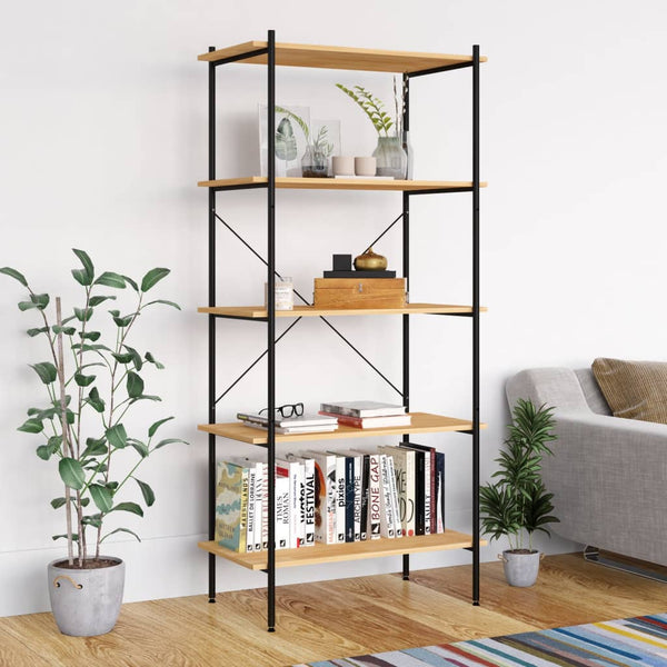 Bookshelves 5 Tier Shelving Unit Black And Oak 80X40x163 Cm