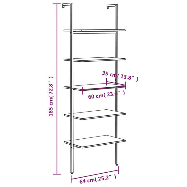 Bookshelves 5 Tier Leaning Shelf Dark Brown And Black 64X35x185 Cm