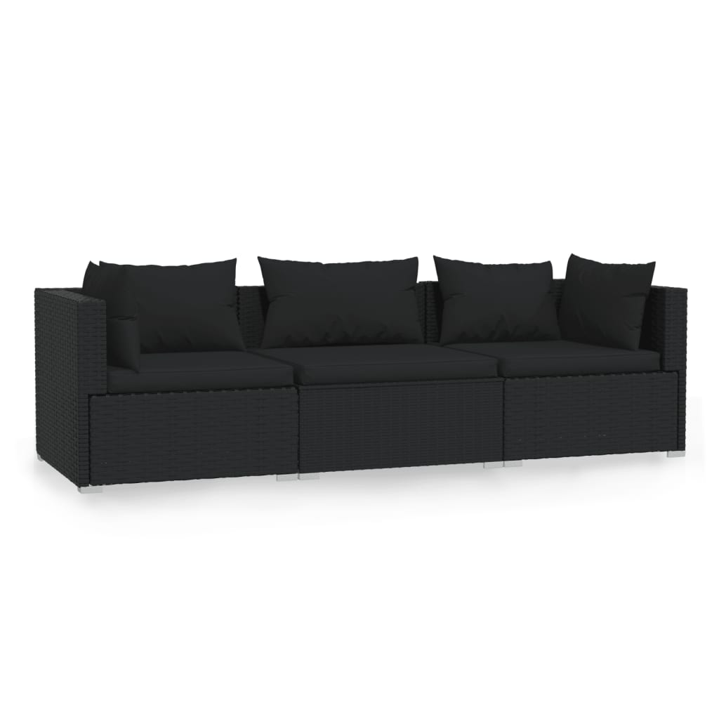 Sofas, Armchairs & Couches 3 Seater Sofa With Cushions Black Poly Rattan