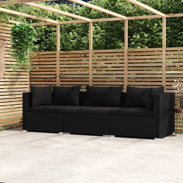 Sofas, Armchairs & Couches 3 Seater Sofa With Cushions Black Poly Rattan