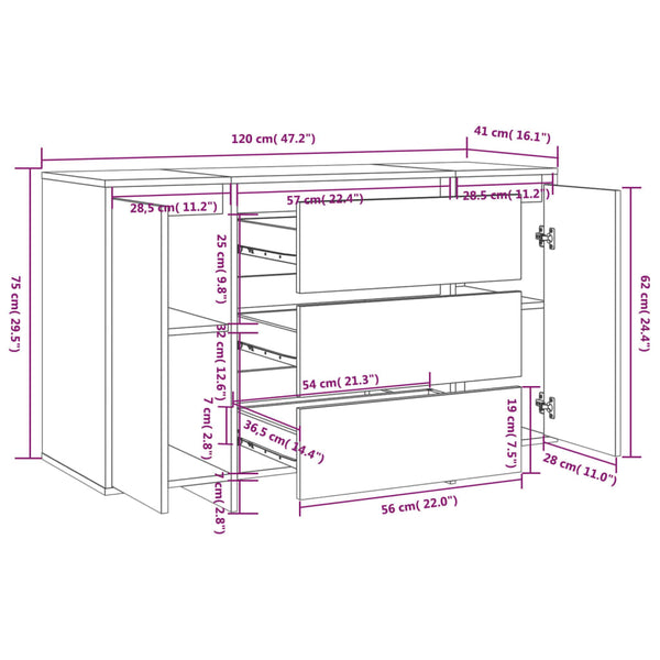 Sideboards & Buffets Sideboard With 3 Drawers White 120X41x75 Cm Engineered Wood