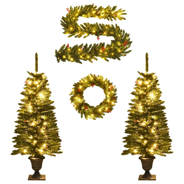 Seasonal Decorations Artificial Christmas Trees 2 Pcs With Wreath, Garland And Leds