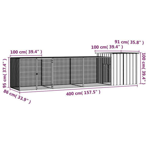 Small Animal Cages & Hutches Chicken Cage Grey 400X91x100 Cm Galvanised Steel