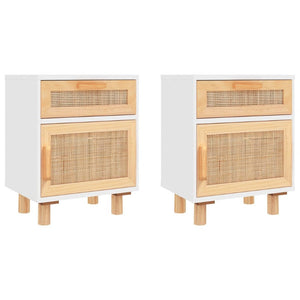 Bedside Tables Bedside Cabinets 2 Pcs White Solid Wood Pine And Natural Rattan