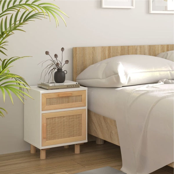 Bedside Tables Bedside Cabinets 2 Pcs White Solid Wood Pine And Natural Rattan