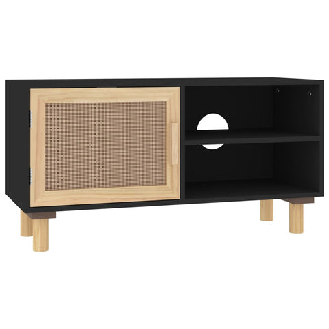 TV Stands & Entertainment Units Tv Cabinet Black 80X30x40 Cm Solid Wood Pine And Natural Rattan