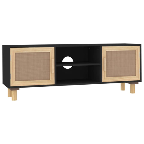 TV Stands & Entertainment Units Tv Cabinet Black 105X30x40 Cm Solid Wood Pine&Natural Rattan