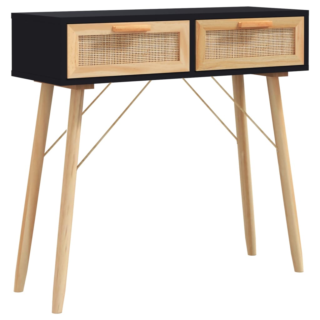 Coffee Tables Console Table Black 80X30x75 Cm Solid Wood Pine&Natural Rattan