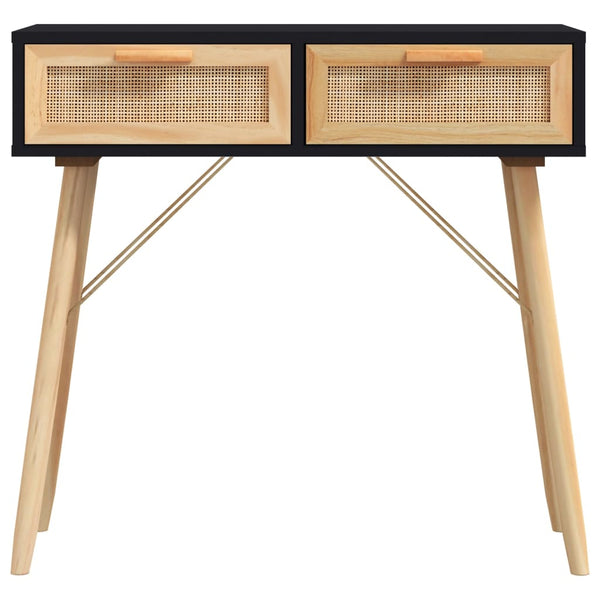 Coffee Tables Console Table Black 80X30x75 Cm Solid Wood Pine&Natural Rattan