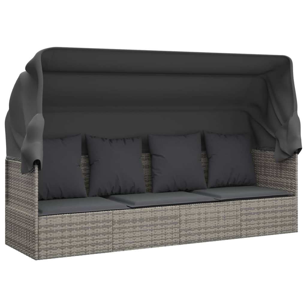 Loungers Outdoor Lounge Bed With Roof And Cushions Grey Poly Rattan