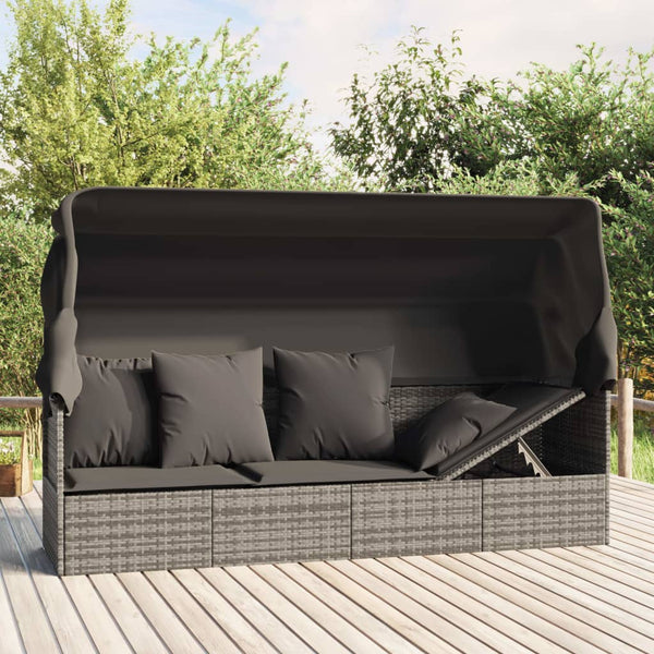 Loungers Outdoor Lounge Bed With Roof And Cushions Grey Poly Rattan