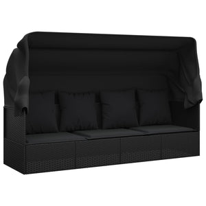 Loungers Outdoor Lounge Bed With Roof And Cushions Black Poly Rattan