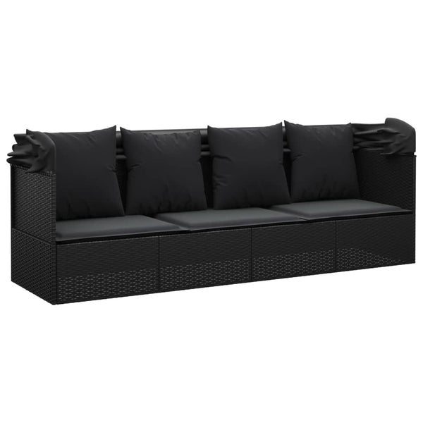 Loungers Outdoor Lounge Bed With Roof And Cushions Black Poly Rattan