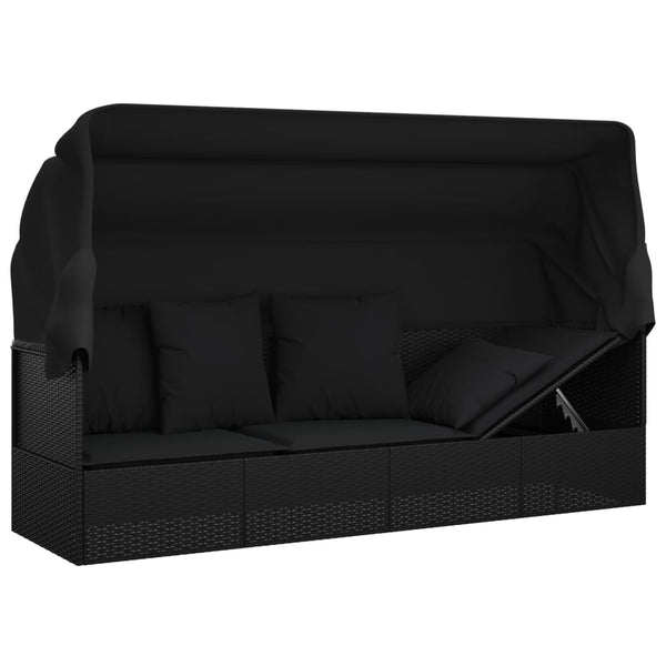 Loungers Outdoor Lounge Bed With Roof And Cushions Black Poly Rattan