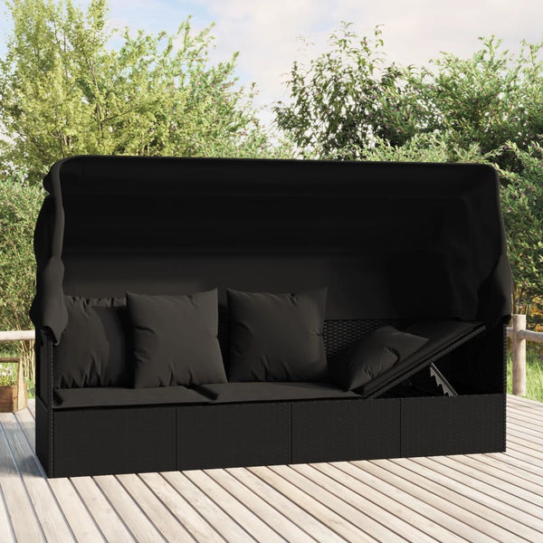 Loungers Outdoor Lounge Bed With Roof And Cushions Black Poly Rattan