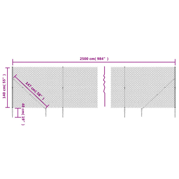 Fence Panels Chain Link Fence With Spike Anchors Green 1.4X25 M