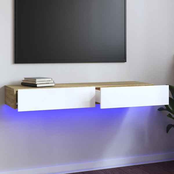 TV Stands & Entertainment Units Tv Cabinet With Led Lights White And Sonoma Oak 120X35x15.5 Cm