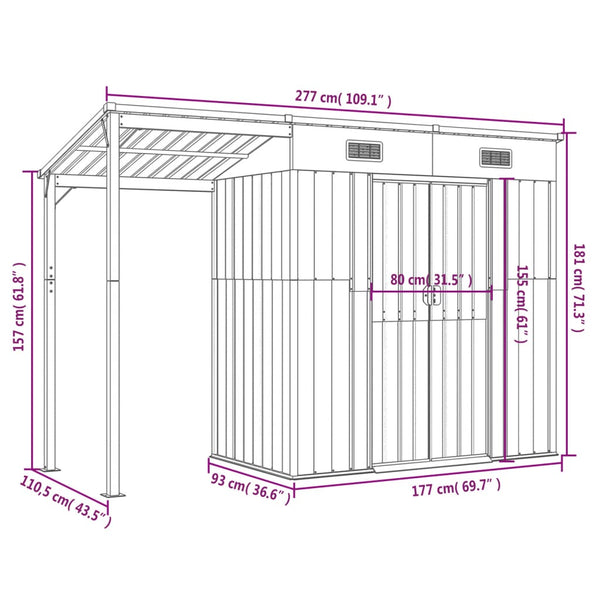 Sheds Summerhouses Carports Garden Shed With Extended Roof Anthracite 277X110.5X181 Cm Steel