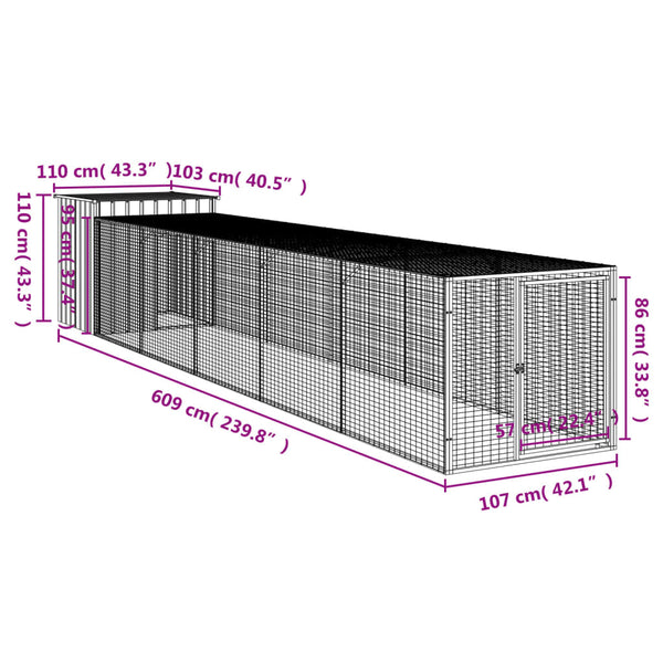 Small Animal Cages & Hutches Chicken Cage With Run Light Grey 110X609x110 Cm Galvanised Steel