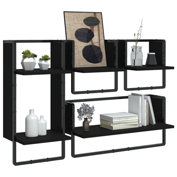 Wall Shelves 4 Piece Wall Shelf Set With Bars Black Engineered Wood